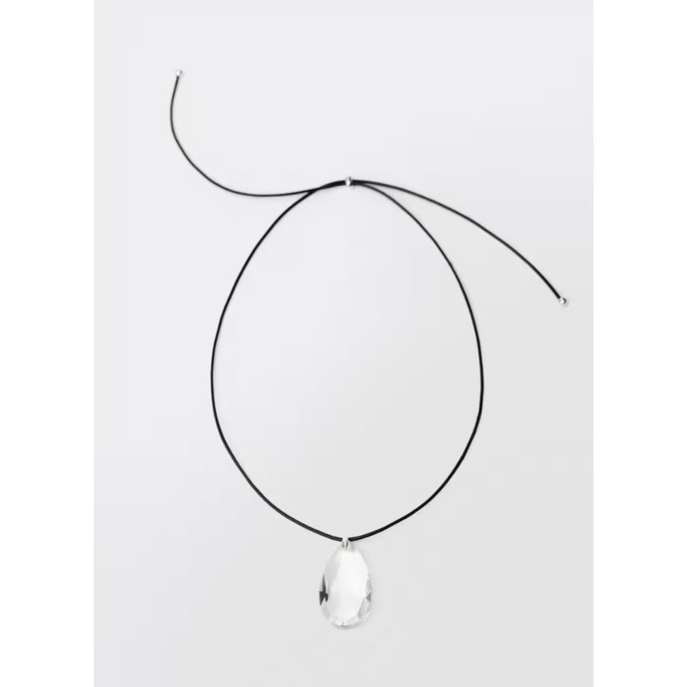 Mango Crystal Clear Glass Pendant Leather Black Necklace